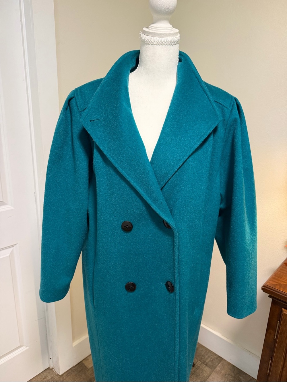 Karen Petites Teal Double-Breasted Long Pea Coat 100% Wool 12/14 XLarge